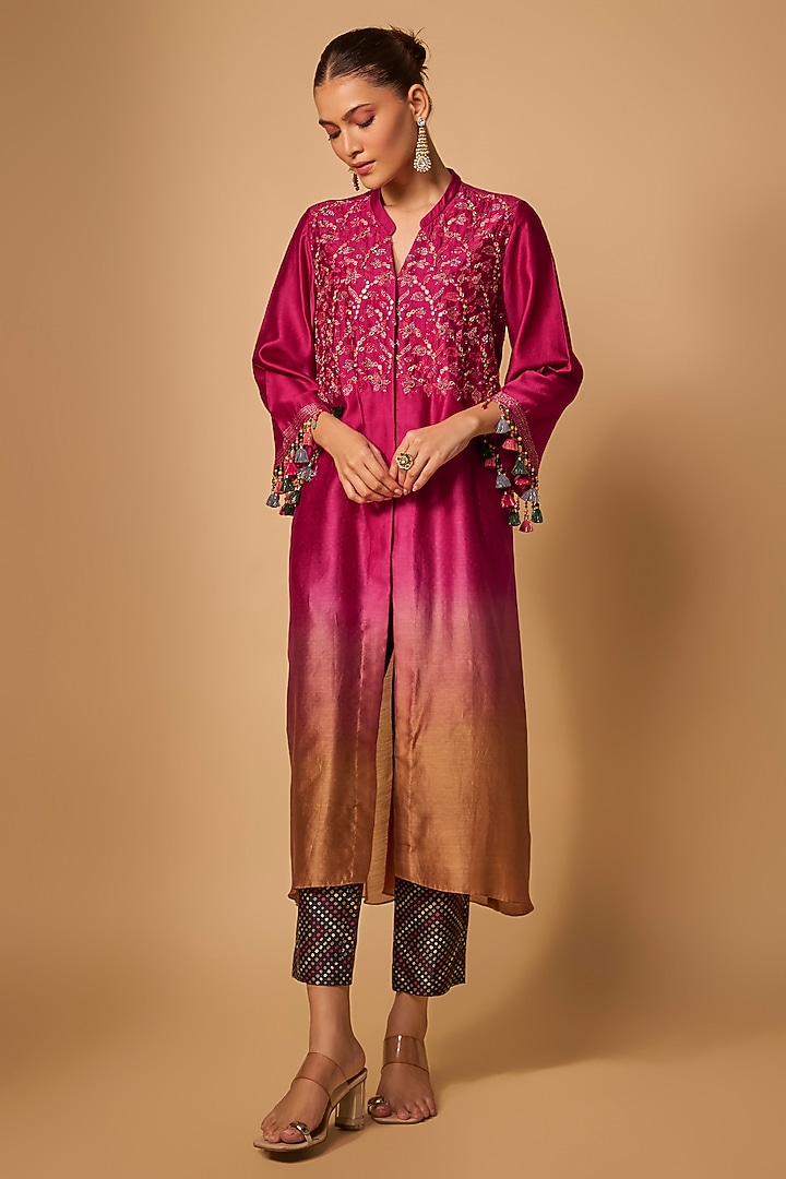 Red & Beige Chanderi Silk Cutdana Hand Embroidered Kurta Set by LOKA By Veerali Raveshia at Pernia's Pop Up Shop