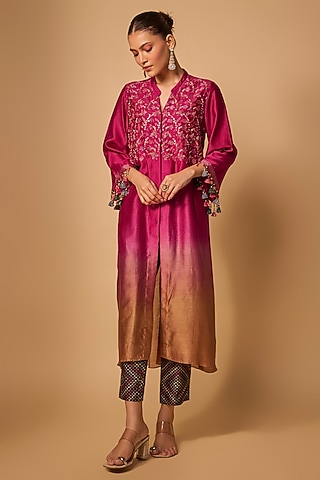 Red & Beige Chanderi Silk Cutdana Hand Embroidered Kurta Set by LOKA By Veerali Raveshia