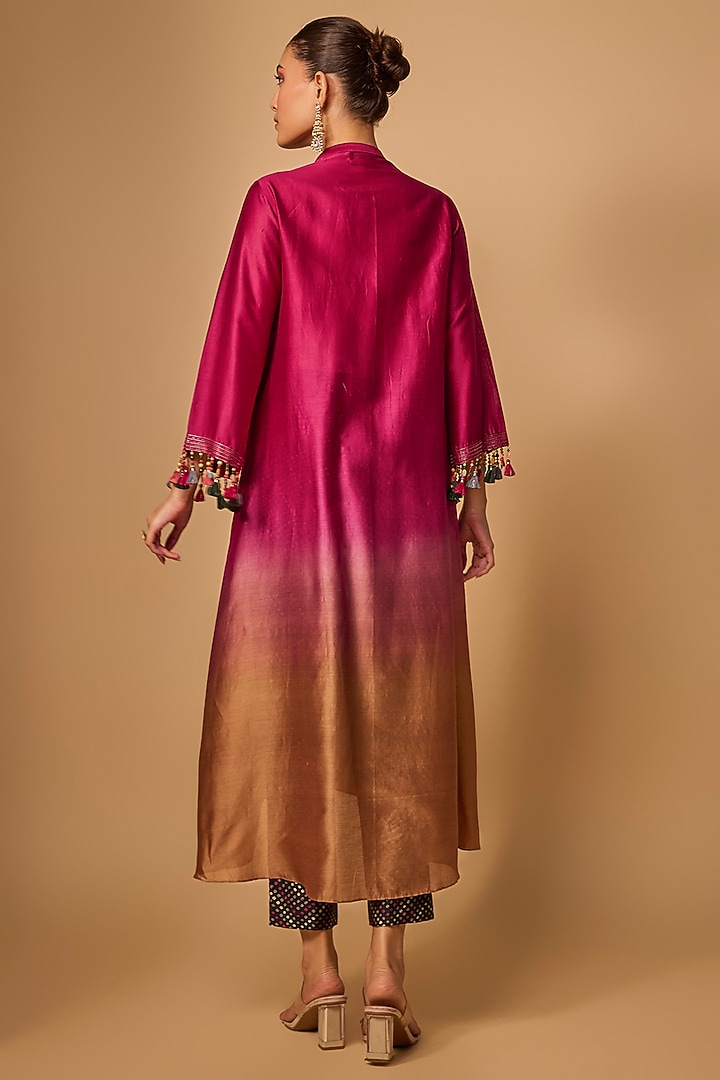 Red & Beige Chanderi Silk Cutdana Hand Embroidered Kurta Set by LOKA By Veerali Raveshia at Pernia's Pop Up Shop