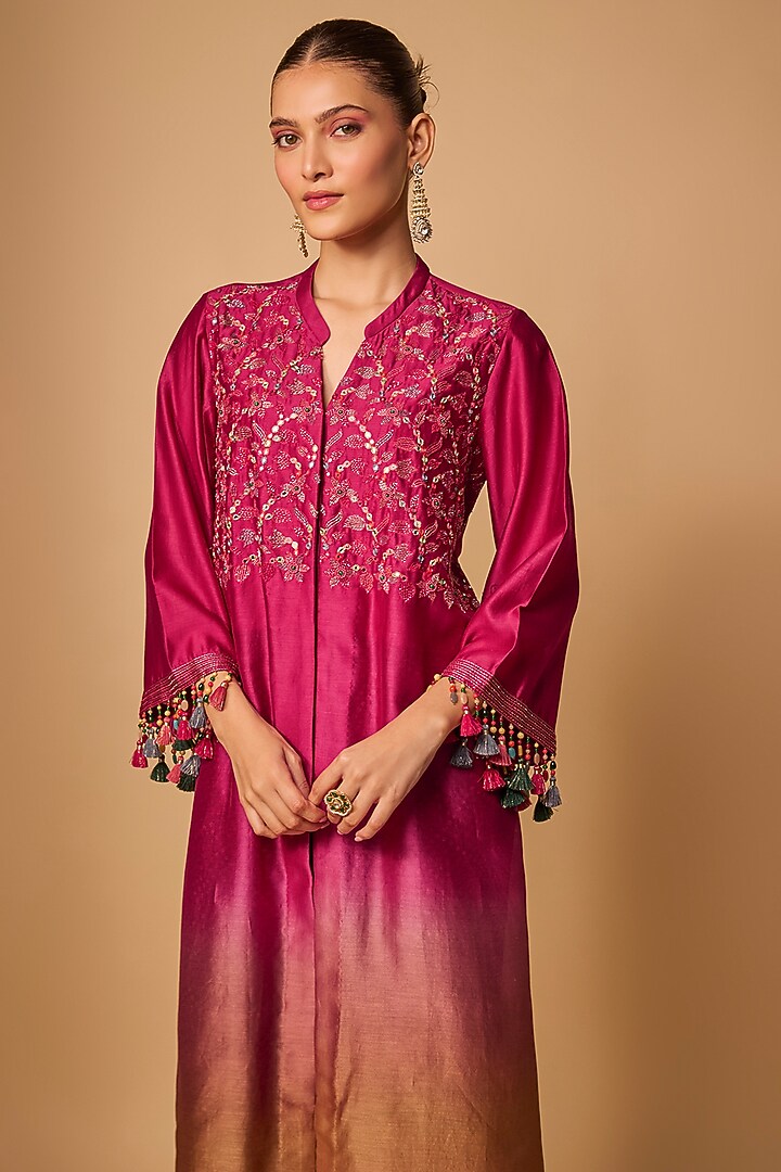 Red & Beige Chanderi Silk Cutdana Hand Embroidered Kurta Set by LOKA By Veerali Raveshia at Pernia's Pop Up Shop