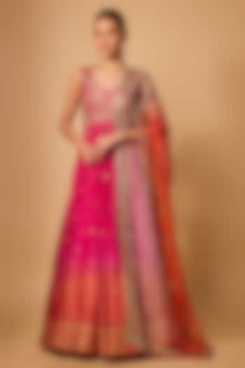 Pink Ombre Dupion Silk Mirror Hand Embroidered Bridal Anarkali Set by LOKA By Veerali Raveshia at Pernia's Pop Up Shop