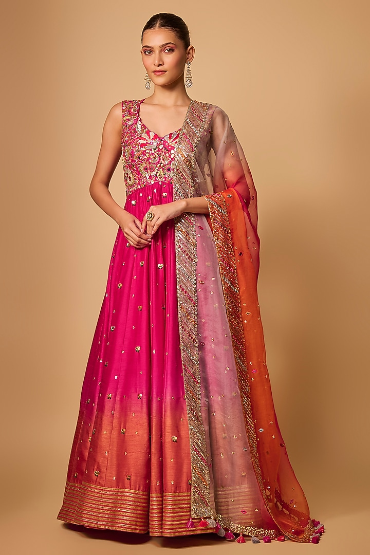 Pink Ombre Dupion Silk Mirror Hand Embroidered Bridal Anarkali Set by LOKA By Veerali Raveshia at Pernia's Pop Up Shop
