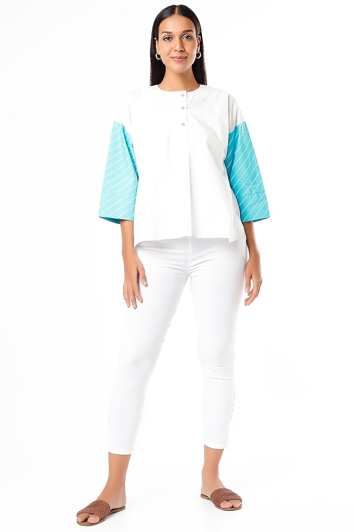 White Striped Drop-Shoulder Shirt by Lovebirds