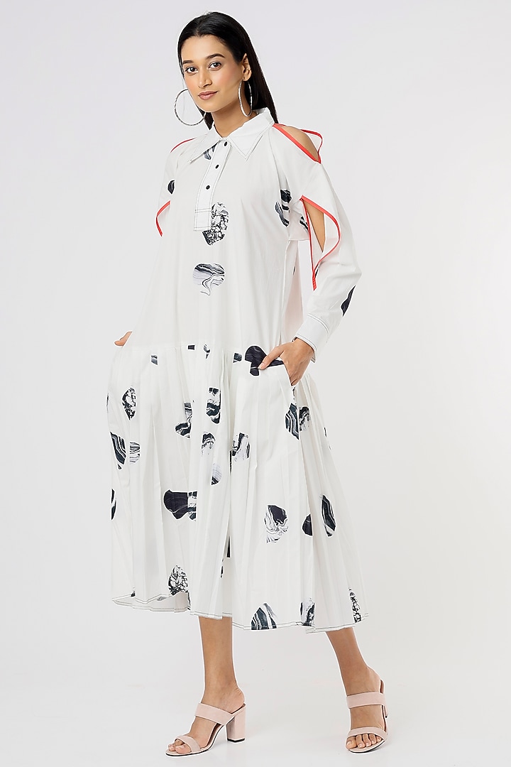 White Cotton Printed Shirt Dress by Lovebirds