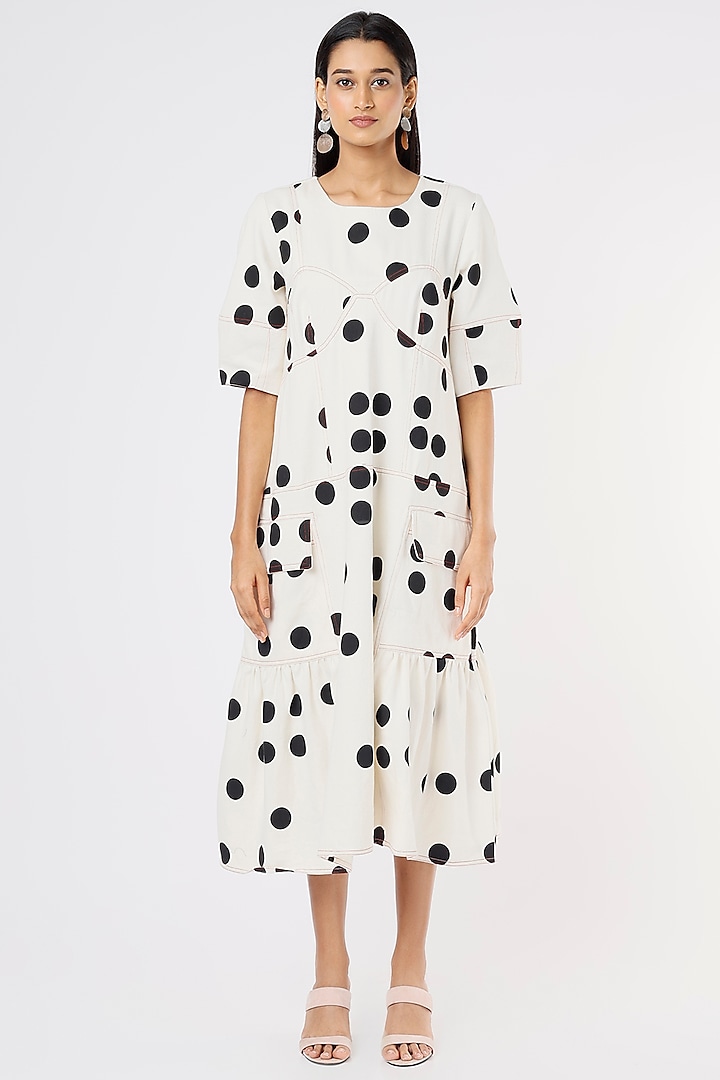 White Denim Polka Dot Printed Dress by Lovebirds