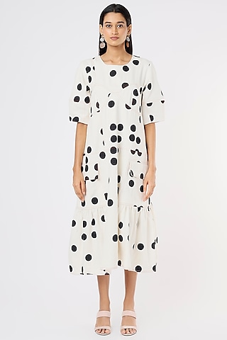 White Denim Polka Dot Printed Dress by Lovebirds