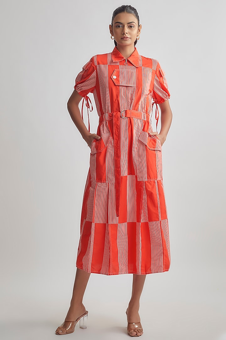 Red & Ivory Cotton Striped Shirt Dress by Lovebirds at Pernia's Pop Up Shop