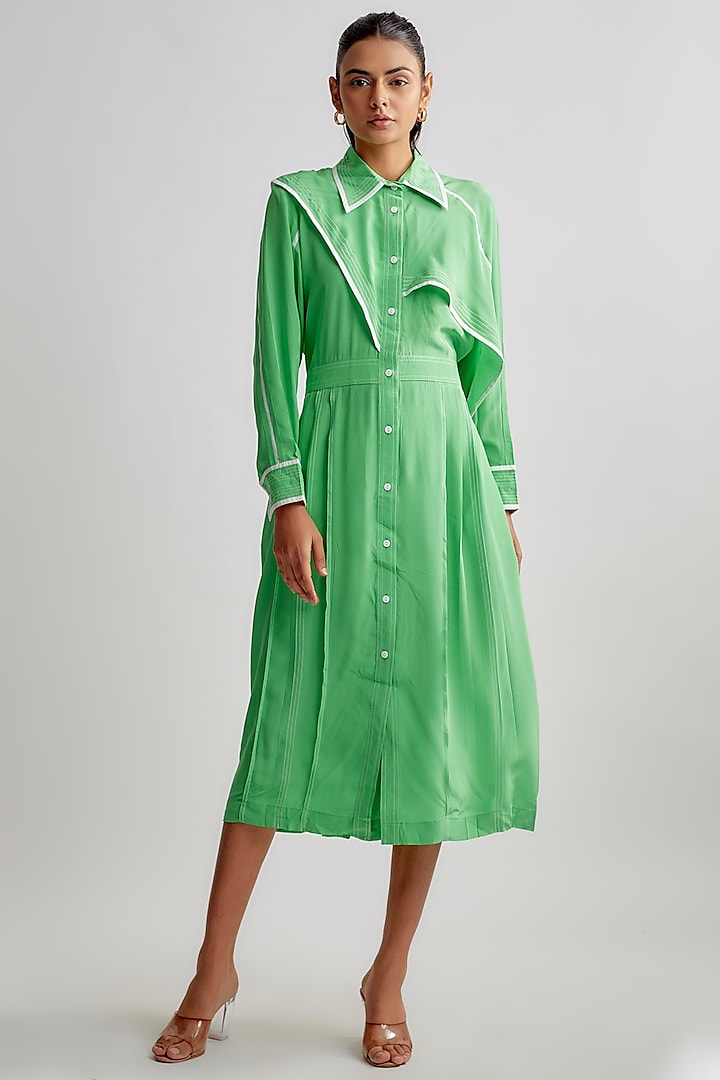 Green Silk Crepe Overlap Shirt Dress by Lovebirds