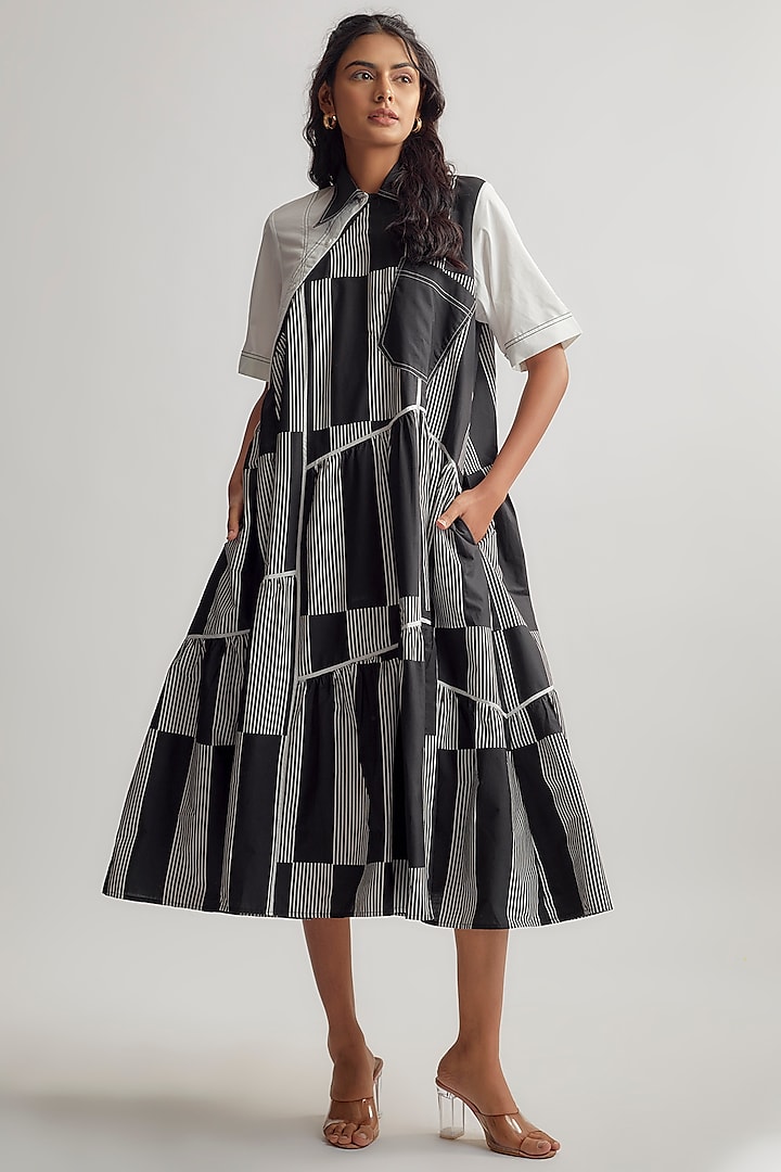 Black & Ivory Cotton Striped Shirt Dress by Lovebirds