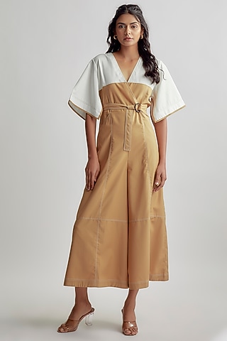 Beige & Ivory Terry Rayon Color Blocked Jumpsuit by Lovebirds