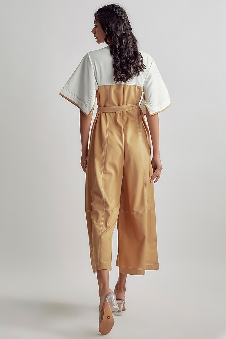 Beige & Ivory Terry Rayon Color Blocked Jumpsuit by Lovebirds at Pernia's Pop Up Shop