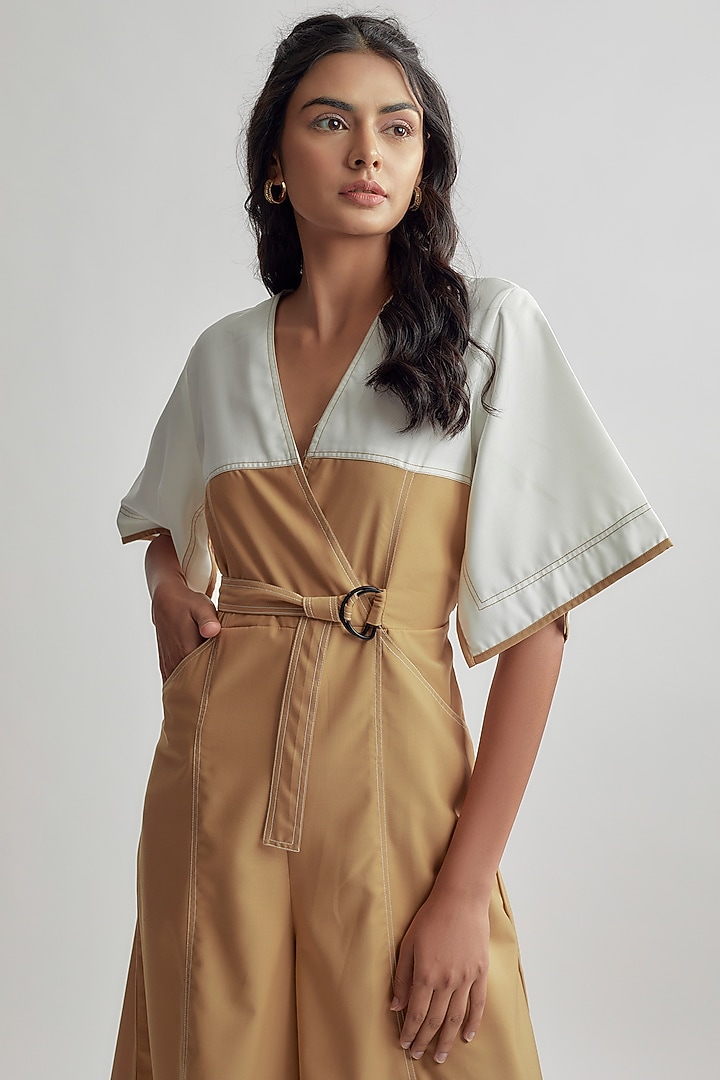 Beige & Ivory Terry Rayon Color Blocked Jumpsuit by Lovebirds at Pernia's Pop Up Shop