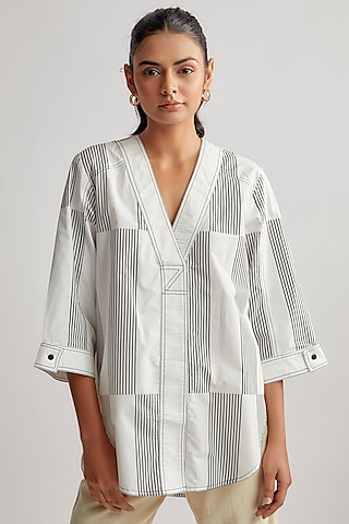 Ivory & Black Cotton Striped Shirt by Lovebirds