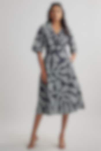 Navy Blue & Ivory Cotton Printed Wrap Dress by Lovebirds