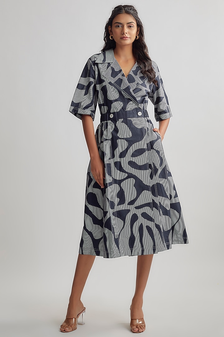 Navy Blue & Ivory Cotton Printed Wrap Dress by Lovebirds