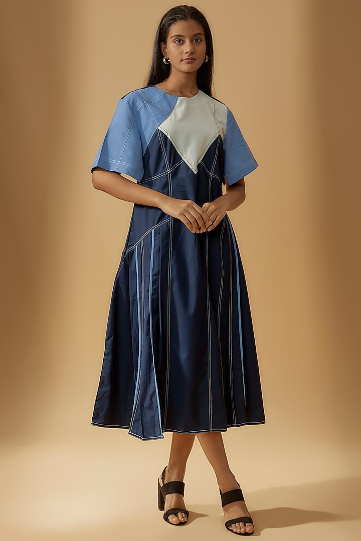 Navy Blue Cotton Color-Blocked Dress by Lovebirds
