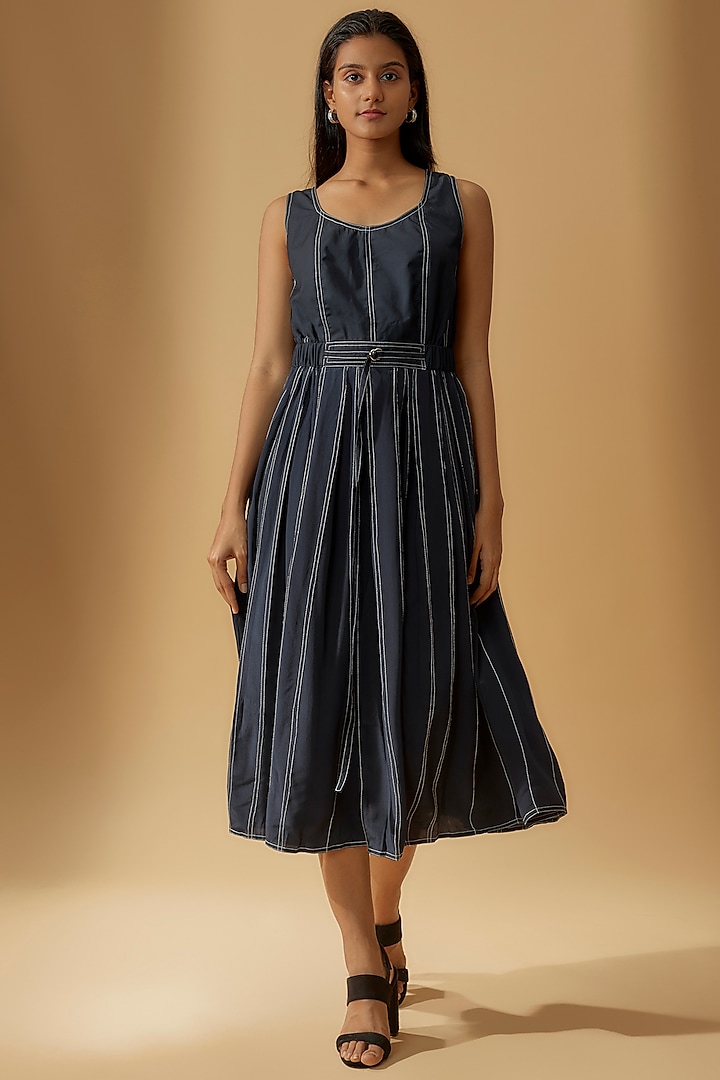 Navy Terry Rayon & Silk Crepe Pleated Dress by Lovebirds