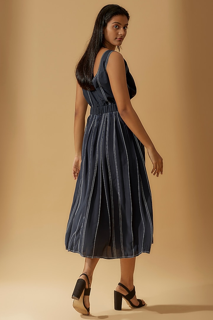 Navy Terry Rayon & Silk Crepe Pleated Vacation Dress by Lovebirds at Pernia's Pop Up Shop