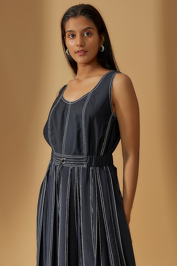 Navy Terry Rayon & Silk Crepe Pleated Vacation Dress by Lovebirds at Pernia's Pop Up Shop