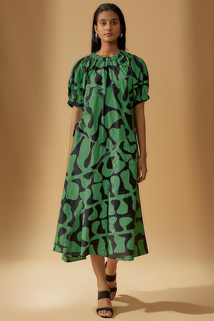 Black & Green Cotton Printed A-Line Dress by Lovebirds