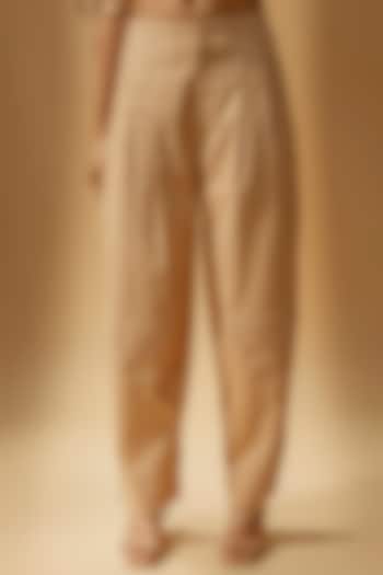 Beige Terry Rayon Pleated Trousers by Lovebirds