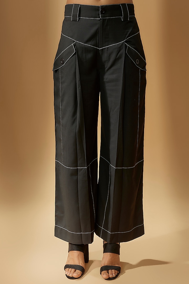 Black Terry Rayon Straight Trousers by Lovebirds
