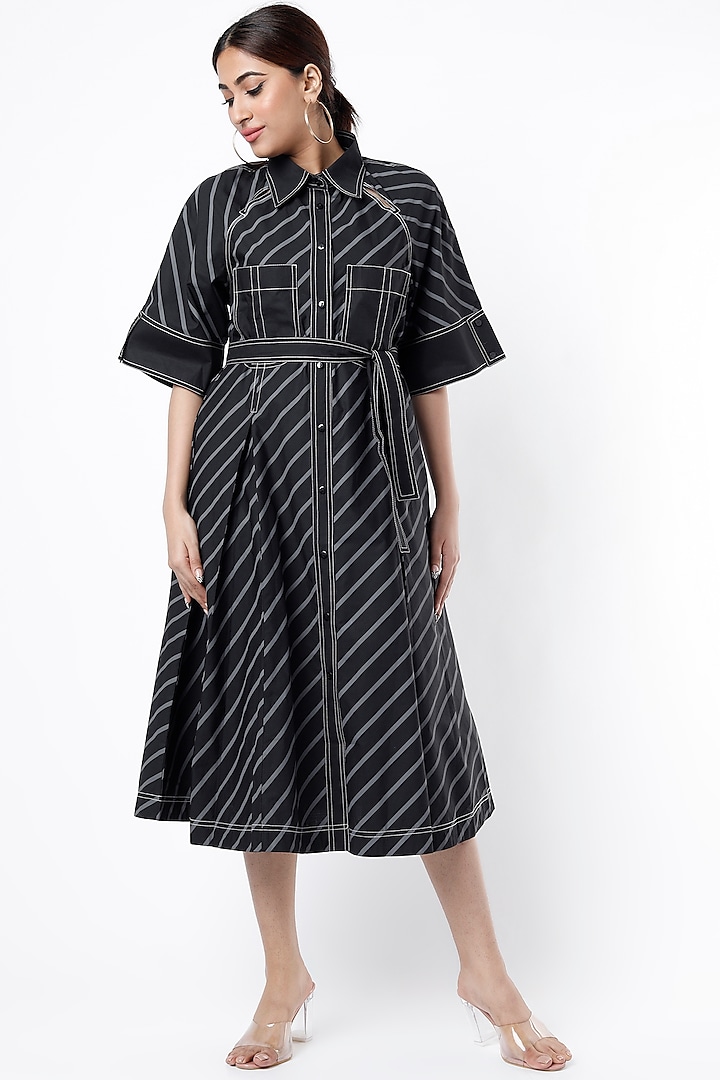 Black Self-Striped Poplin Dress by Lovebirds