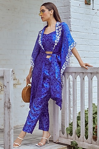 Cobalt Blue Embroidered Kaftan Set by Label Debelle