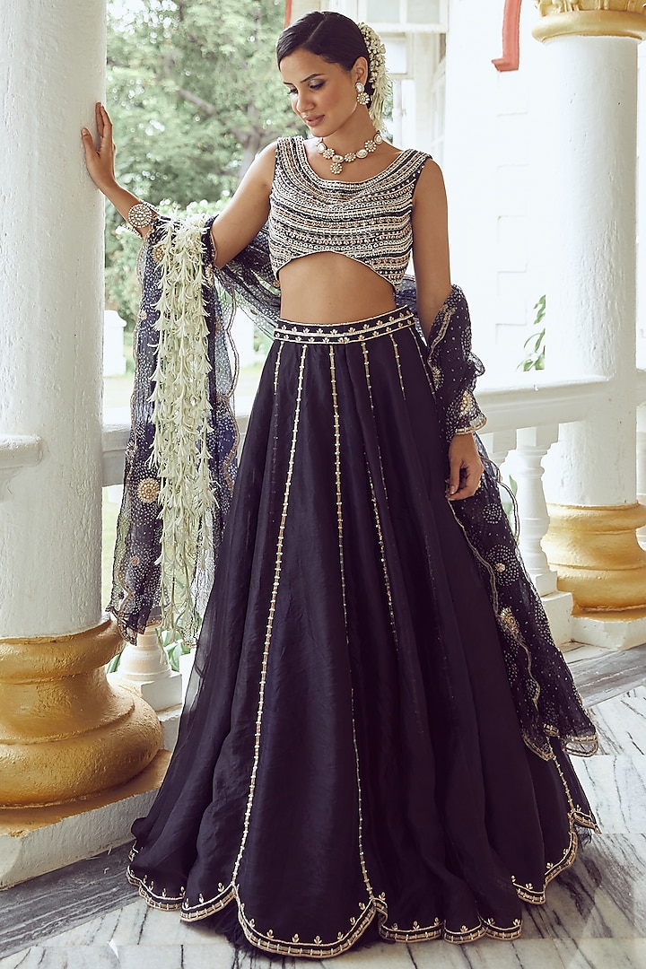 Midnight Blue Embroidered Lehenga Set by Label Debelle