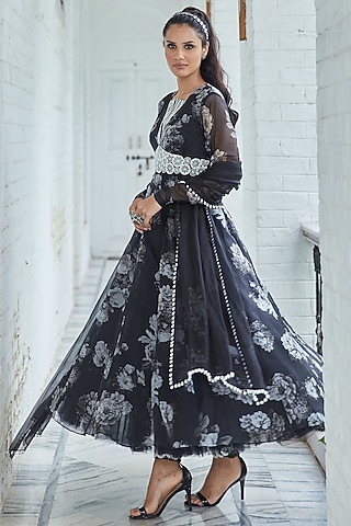 Black Embroidered Anarkali Set by Label Debelle