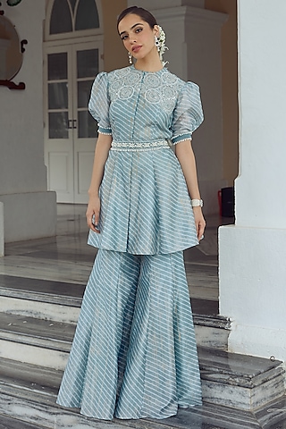 Sky Blue Kora Silk Palazzo Pant Set by Label Debelle
