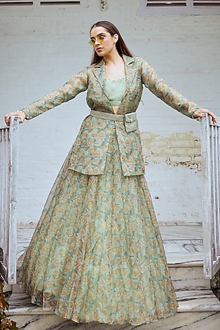 Mint Green Printed Flared Skirt Set by Label Debelle
