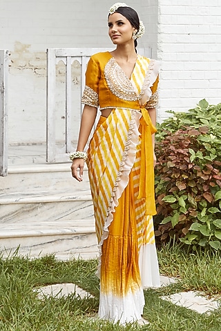 Mustard Pure Silk & Habutai Silk Leheriya Aari Embroidered Hand-Crushed Saree Set by Label Debelle