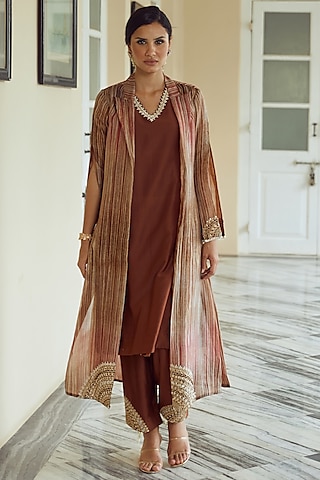 Brown Embroidered Jacket Set by Label Debelle