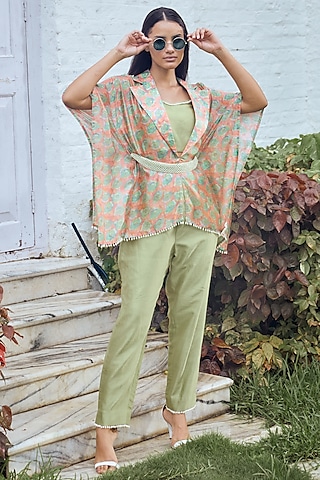 Parrot Green Printed Kaftan Set by Label Debelle