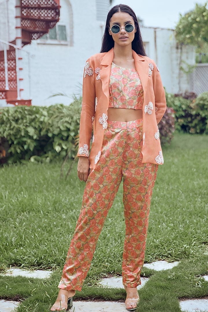 Orange Embroidered Jacket Set by Label Debelle at Pernia's Pop Up Shop