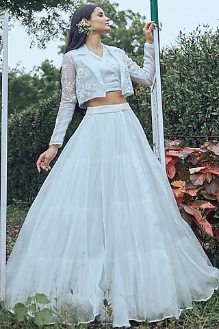 Powder Blue Pure Silk Organza Jacket Lehenga Set by Label Debelle