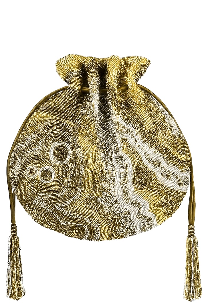 Matte gold and silver pschyadelic design potli/pouch available only at Pernia's Pop Up Shop.