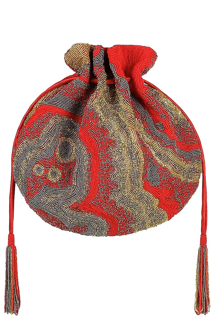 Red, gold and silver pschyadelic design potli/pouch by Lovetobag