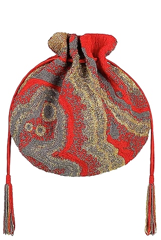 Red, gold and silver pschyadelic design potli/pouch by Lovetobag