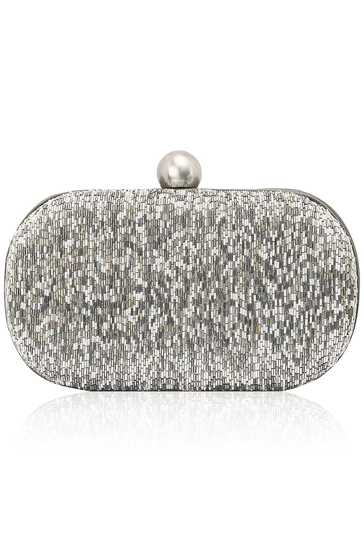 Gunmetal, silver and ivory mat design box clutch available only at Pernia's Pop Up Shop.