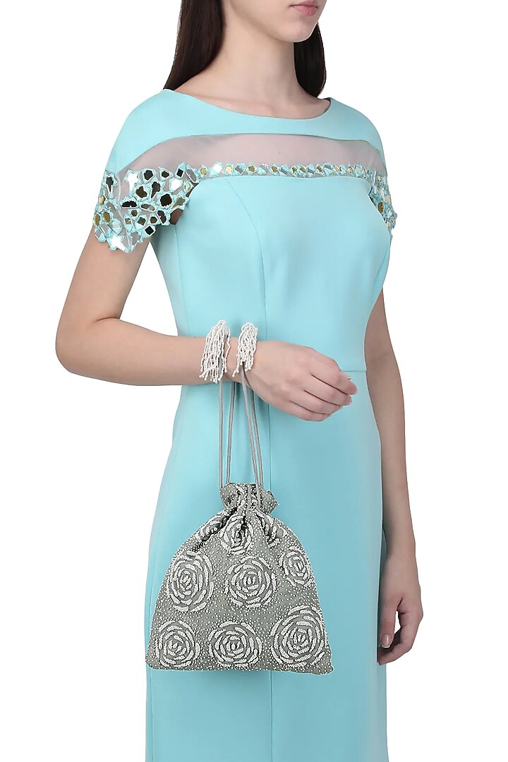 Grey embroidered perla potli bag available only at Pernia's Pop Up Shop.