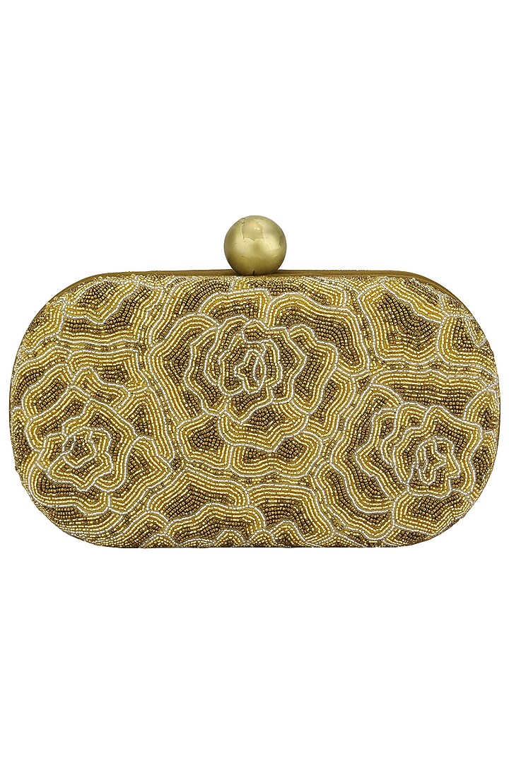 Gold embroidered rosette oval box clutch available only at Pernia's Pop Up Shop.