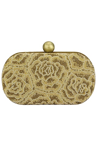 Gold Embroidered Rosette Oval Box Clutch by Lovetobag
