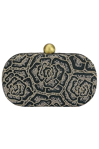 Black Embroidered Rosette Oval Box Clutch by Lovetobag