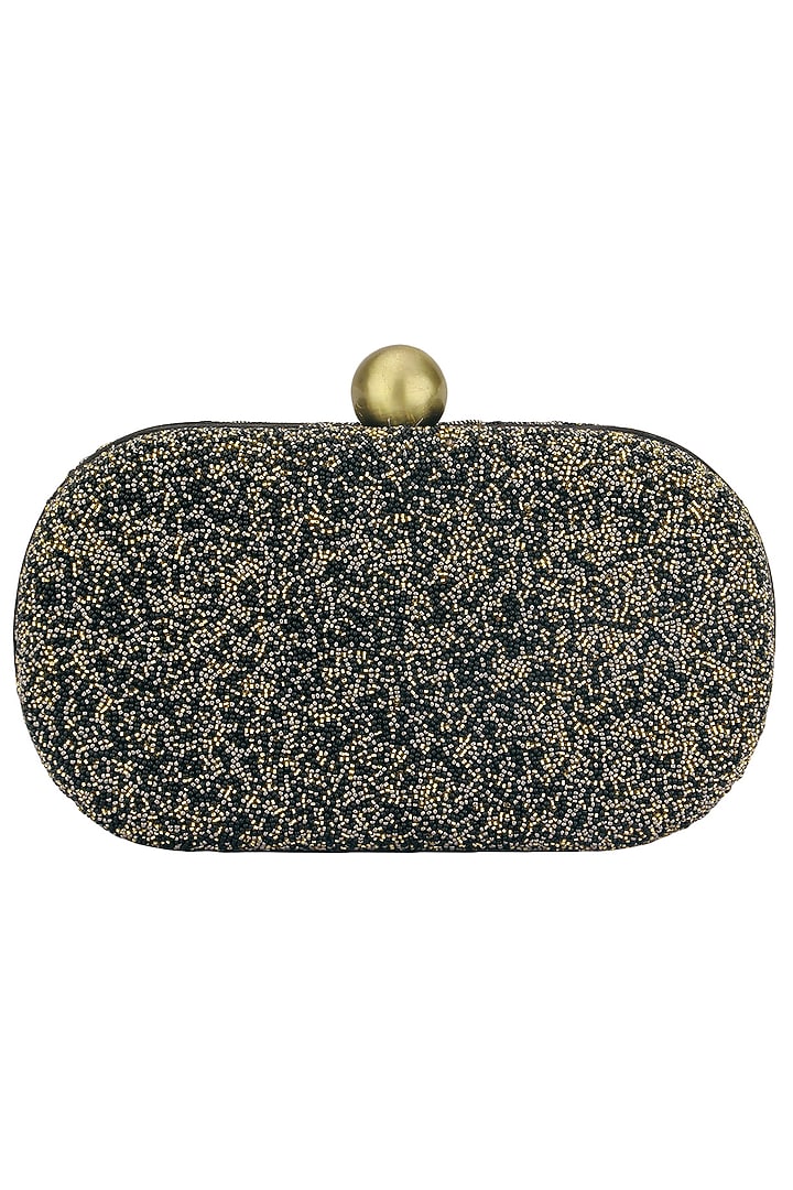 Black embroidered rosette oval box clutch available only at Pernia's Pop Up Shop.