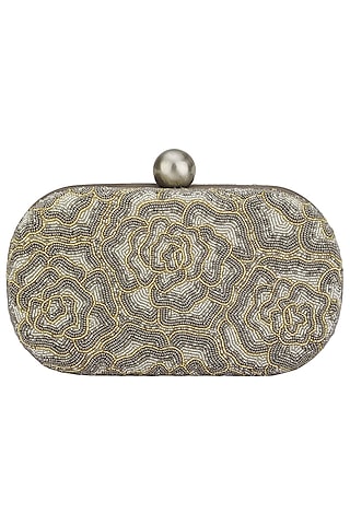 Silver Embroidered Rosette Oval Box Clutch by Lovetobag