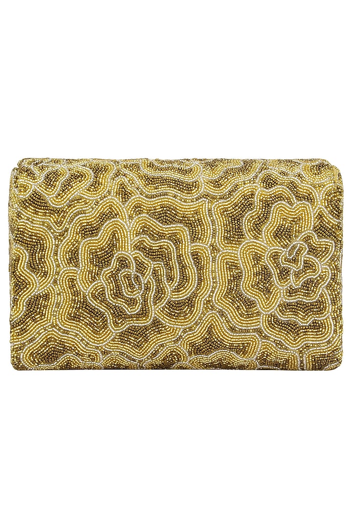 Gold embroidered rosette flapover clutch available only at Pernia's Pop Up Shop.