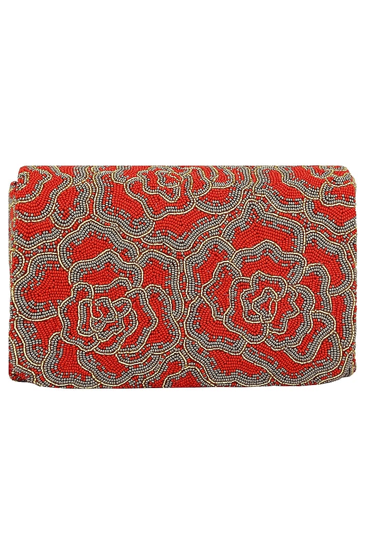 Red Embroidered Rosette Flapover Clutch by Lovetobag