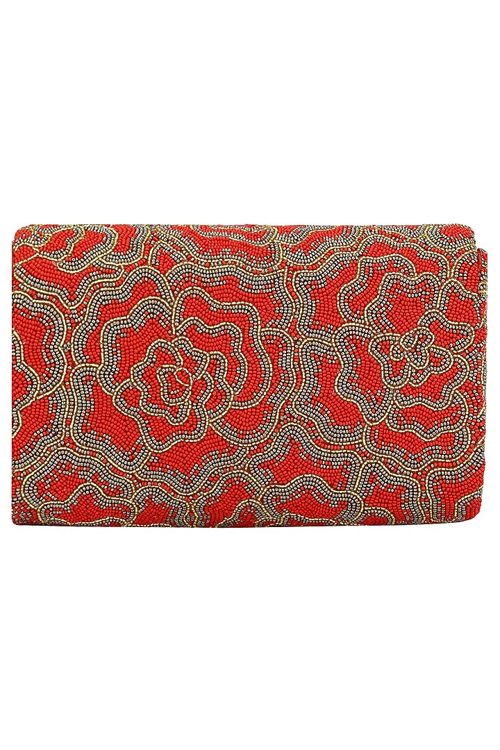 Red embroidered rosette flapover clutch available only at Pernia's Pop Up Shop.